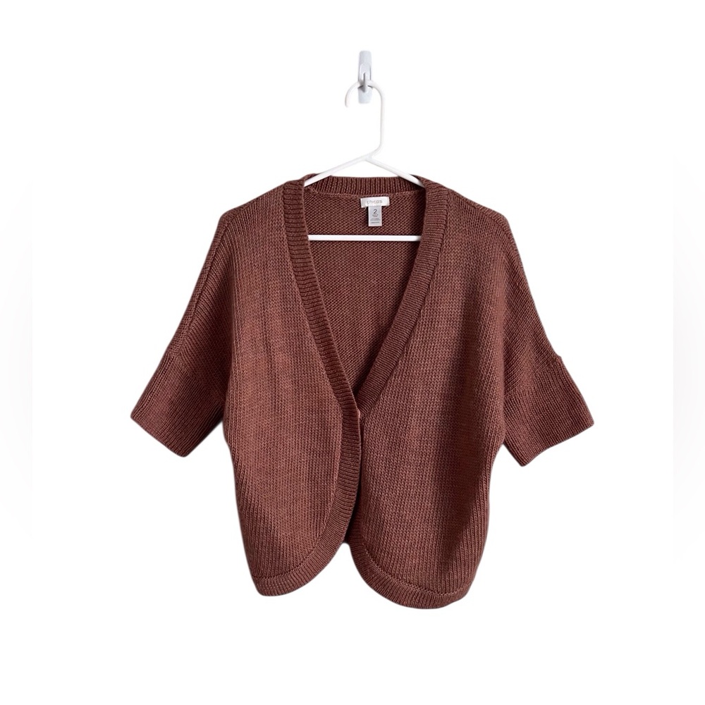 Chico’s Cardigan Sweater Brown One Snap Wool Blend Short Sleeve Shrug Sz 2 Large
